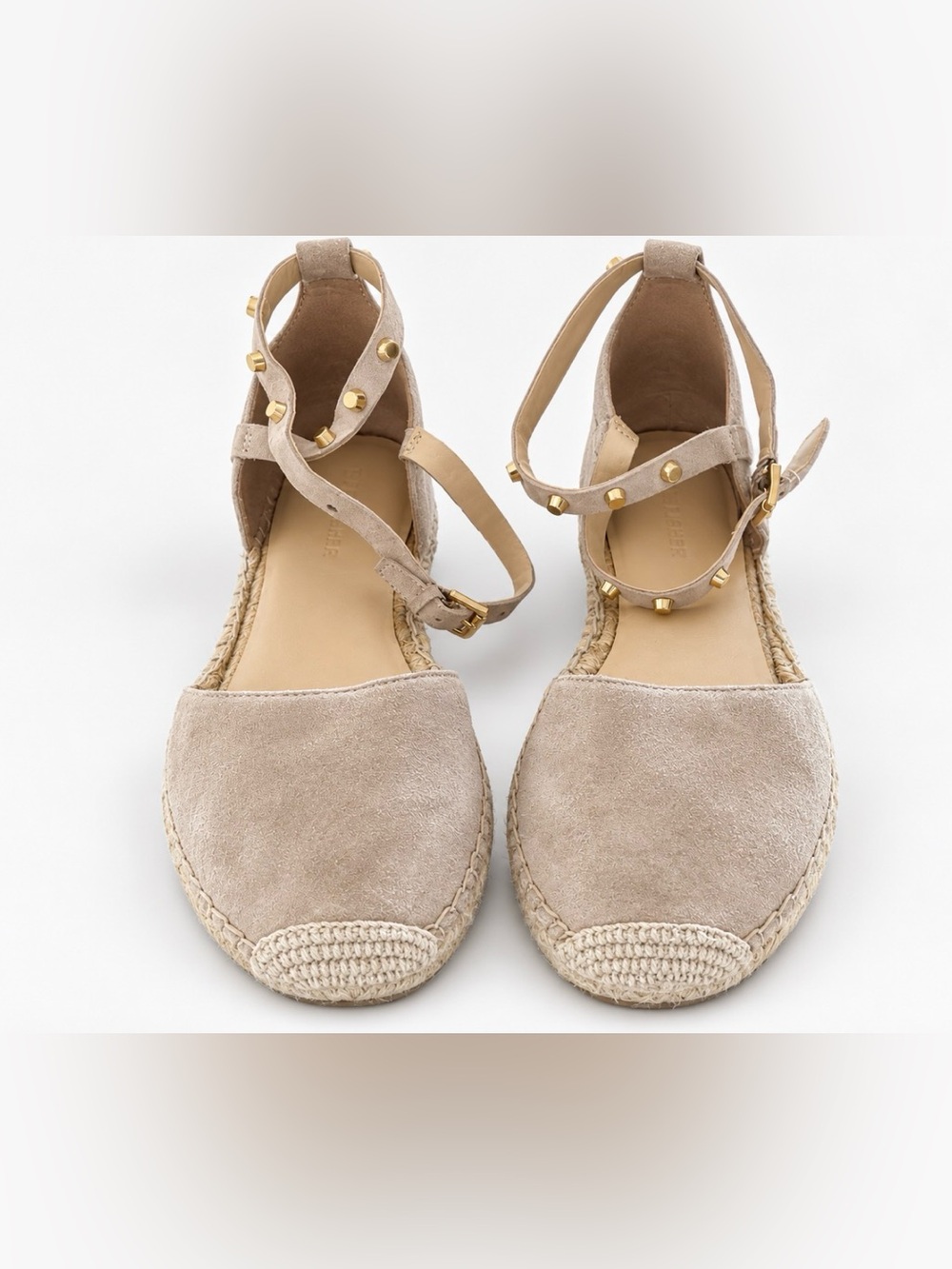 Marc Fisher Taupe Suede Espadrille Ankle-Strap Flats with Gold Studs